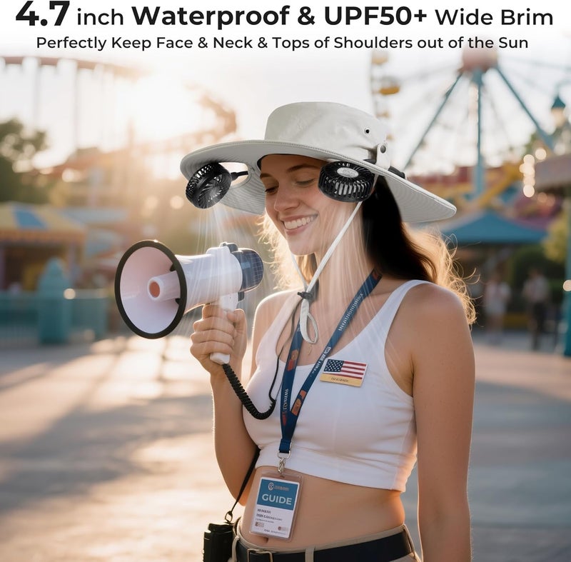 AMACOOL 2-in-1 Hands-free Hat Fan with Detachable Neck Fan, UPF 50+ Wide Brim Sun Hat, 3-Speed Adjustable, 2600mAh Rechargeable Fishing Essentials for Men Women Camping Travel Delivery Outdoor-Grey - Image 4
